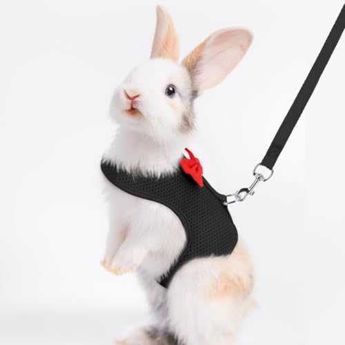 Mesh Breathable Adjustable Rabbit Leash，Rabbit Harness and Leash Set for Walking Escape Proof,Camping Hiking Training for Bunny Ferret Kitten Puppy Black S Young Rabbit 1-3 Months - color: Black, size: S Neck 5.5-7.1'', Chest 7.1-9.4''