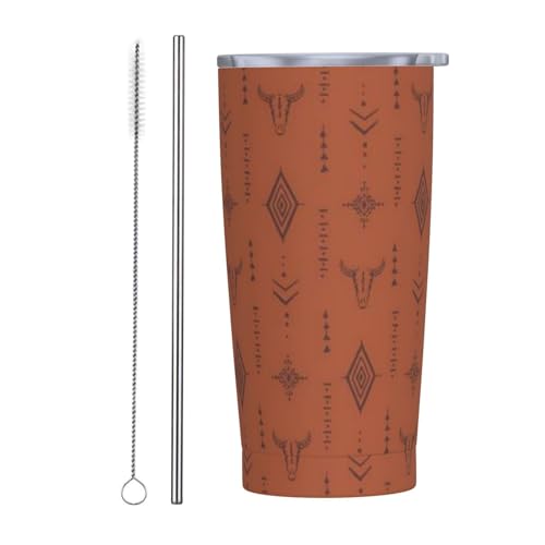 Western Bull Tumbler with Lid and Straw Boho Brown 20oz Insulated Stainless Steel Cup Cowboy Travel Coffee Mug Water Bottle for Women Gift for Birthday Christmas - color: Brown