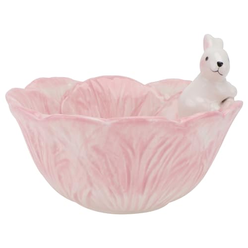 Yardwe Pink Ceramic Bunny Bowl, 5.9 Inch Cabbage Leaf Shaped Rabbit Dish for Easter Candy Dessert Snack, Cute Porcelain Animal Cereal Soup Serving Bowl for Home Kitchen Table Decoration