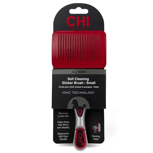 CHI for Dogs Self Cleaning Slicker Brush with Pivoting Head, Small Dog Grooming Brush for Detangling and Removing Loose Hair, Fine Wire Pins for Small Breed Dog Coats, Ergonomic Handle | Pivoting head design, fine wire pins, detangles and removes loose ha