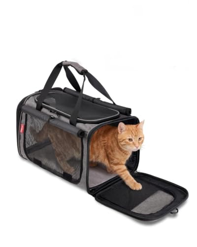 Cat Carrier for Cats up to 20lbs, Soft-Sided Privacy Protection | Top Load Transport Medium to Big Kitten Small Puppy Dog Crate, Mesh Carry Bag with Unique Side Bag, Air Car Travel, Grey - color: Grey