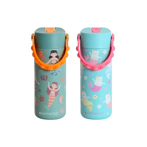 Elemental 100% Leak Proof When Spout is Closed Insulated Kids Water Bottle, Stainless Steel Bottle for School with Straw Lid & Pop-It Handle, Meowmaid & Mermaid Sisters -18oz (2 Pack) - color: Meowmaid & Mermaid Sisters