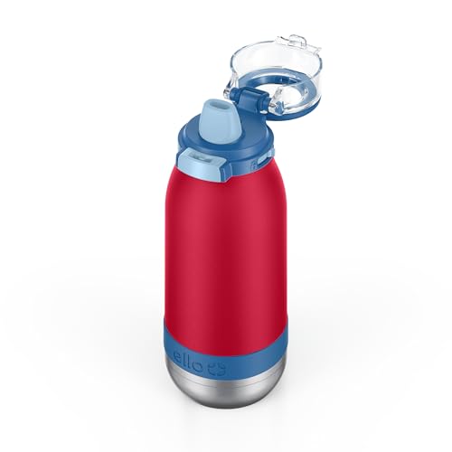 Ello Emma 14oz Insulated Stainless Kids Water Bottle with Straw, Red Splash | Insulated stainless steel kids water bottle with straw, leakproof locking lid, carry handle, and cold drinks for school - color: Red Splash