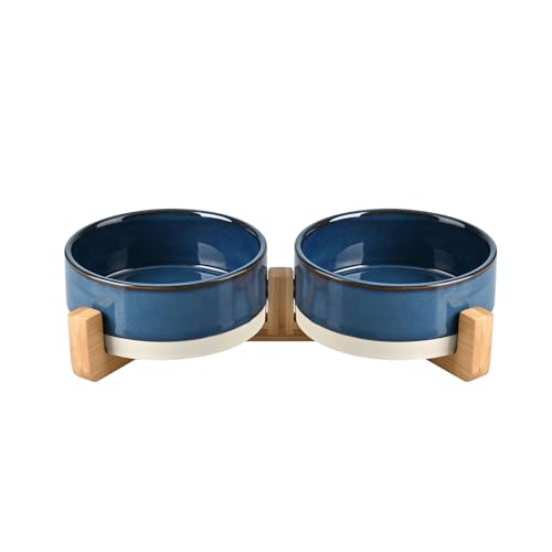 SPUNKYJUNKY Ceramic Dog and Cat Bowl Set with Wooden Stand, Modern Cute Weighted Food Water Bowl Set for Small Size Dogs (1.7 Cups, 2 × Pattern Blue) - color: Pattern Blue × 2, size: 1.7 cups