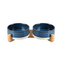 SPUNKYJUNKY Ceramic Dog and Cat Bowl Set with Wooden Stand, Modern Cute Weighted Food Water Bowl Set for Small Size Dogs (1.7 Cups, 2 × Pattern Blue) - color: Pattern Blue × 2, size: 1.7 cups
