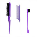 Slick Back Hair Brush Set, Purple 3-Piece Rat Tail Brush Teasing Comb with Metal Pin and Edge Brush Comb for Parting Smoothing and Styling at Home or Salon - color: purple
