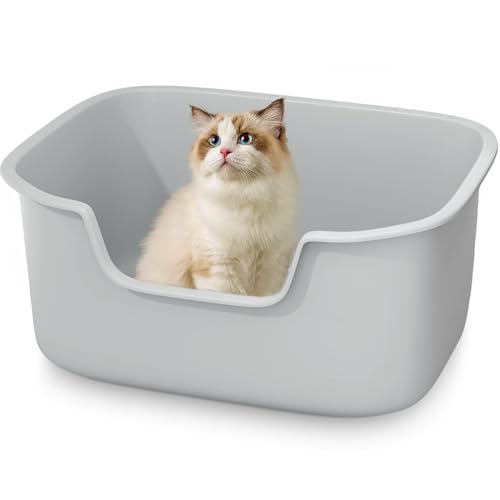 Large Cat Litter Box with High Sides, Side Entry Open Top Deep Tall Litter Pan, Kitty Litter Box for Indoor Small and Medium Cats, Grey (Anti-Splashing) 19.7" L x 15.4" W x 8.6" H - color: Grey