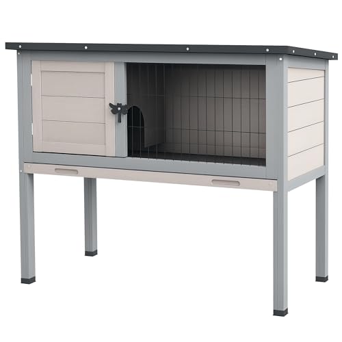 PawHut Elevated Wooden Rabbit Hutch Indoor/Outdoor Bunny Cage Light Gray | Hinged Asphalt Roof, Removable Tray for Guinea Pig - color: Light Gray