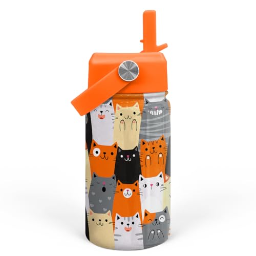 SANDJEST Cat Water Bottle - Kids Water Bottle with Straw Lid - 12 Oz Insulated Stainless Steel Water Bottles for Kid Boys Girl - Travel Cup for School Sports - color: Cat 1