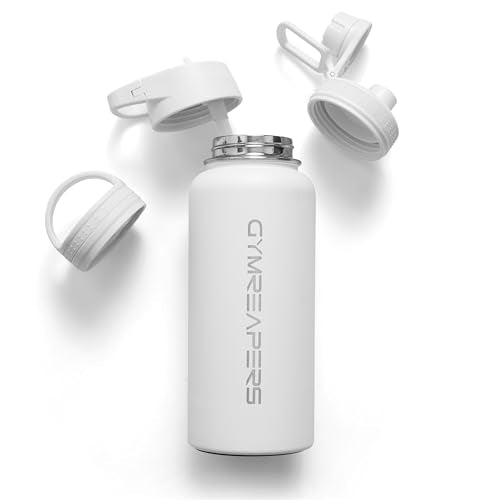 Gymreapers Insulated Water Bottle with Straw - 32 OZ Stainless Steel Water Bottles - BPA Free Metal Double Wall Vacuum Cold Hot Leakfree Flask Jug For Travel, Sports, Gym, School & Workout - color: White