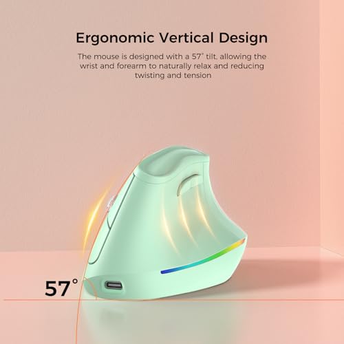 KYSONA 57° Wireless Ergonomic Mouse, Vertical Mouse, Carpal Tunnel Mouse, RGB Light, Rechargeable, Bluetooth & 2.4G, 5-Level DPI Adjustment, Quiet Click Ergo Mice Compatible with PC/Laptop/Mac, Green
