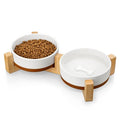 MALACASA Ceramic Dog Bowls Small Size Dog with Wood Stand, 1.5-Cup Ceramic Puppy Bowls for Cats & Small Dogs, Dual Food and Water Bowls with Weighted Non-Slip Base, Glaze Matte,14 Oz - color: Vanilla White（2 PCS with Stand）, size: S-1.5 Cups