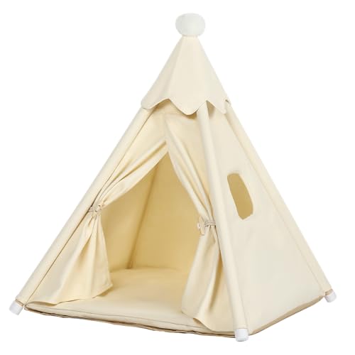 Standard Cat & Mini Dog Teepee Tent House (Int 20x20x20in/Ext 22x22x25in) | Pet Teepee House Indoor for Dogs & Cats Up to 10lbs, with Soft Cushion, Small Window, Cotton Canvas & Stable Frame - style: M/20x20x20in Standard Cats & Mini Dogs