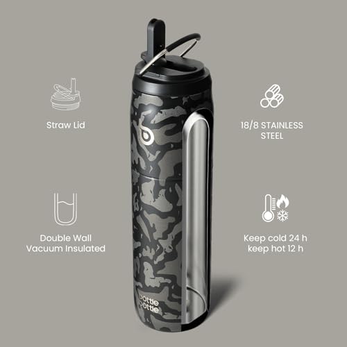 BOTTLE BOTTLE Stainless Steel Water Bottle 32 oz Black Camouflage | Straw Lid, Insulated Cup, Stay Cold Hot, Leak-Proof, Wide Mouth Water Bottles for Men - color: Black Camouflage