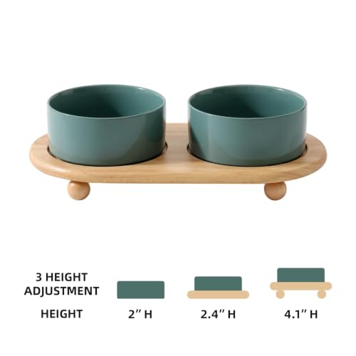 Havniva Raised Cat Bowl, 6.1” Elevated Ceramic Cat Food and Water Bowl Set | Cat Bowls Elevated, Whisker Friendly Cat Bowl, Non-Slip Wood Stand, Food-Grade Ceramic, Wide Opening, Dishwasher Safe - color: Dark Green, size: 6.1inch - 2 Bowls+Stand