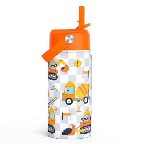 Construction Kids Water Bottle With Straw Lid 12oz Insulated Stainless Steel, Truck Travel Tumbler, Gifts For Boys, Birthday, Christmas, Back To School - color: Construction 1
