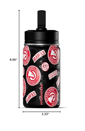 Hydrapeak x NBA Officially Licensed Atlanta Hawks 14oz Mini Kids Water Bottle with Straw Lid and Handle Reusable Stainless Steel Double Wall Insulated Spill Proof Sports Gift for Boys Girls - color: Atlanta Hawks