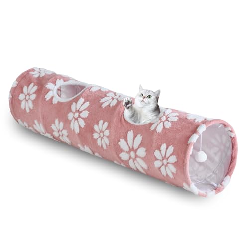Straight Cat Tunnel for Indoor Cats 47"x12", Pink Flower | Cute Cat Toys, Collapsible Tunnel Tube with Hanging Balls for Puppy Kitten Rabbit - color: Pink Flower, size: Straight