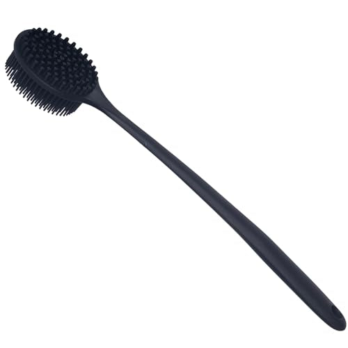 DNC Back Scrubber for Shower Soft Silicone Bath Body Brush with Long Handle (Black) - color: Black