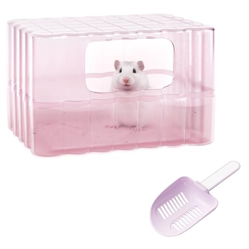 mini&moe Hamster Sand Bath Container - Small Animal Bathroom Shower Room & Corner Digging Box Toilet with Cleaning Scoop Rat Dust Bath House for Guinea Pig, Hedgehog, Squirrel - color: Pink