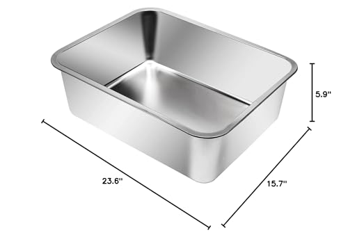 Kichwit Extra Large Stainless Steel Open Cat Litter Box with High Sides, Metal Litter Pan for Cat, 23.6 x 15.7 x 5.9 Inches - size: 23.6" L x 15.7" W x 5.9" H (without Lid)