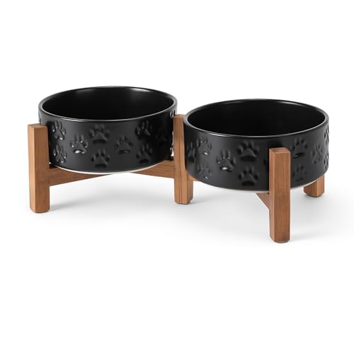 SPUNKYJUNKY Ceramic Elevated Dog Bowl Set with Acacia Wood Stand for Food and Water for Cats and Small Dogs (13.52 OZ, Black, Dog Paw Pattern) - color: Dog Paw Black, size: 13.52 Oz