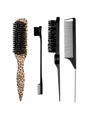 4 Pcs Hair Styling Tool Set, Detangling Brush & Rat Tail Comb, Edge Control Brush Kit, Yellow Leopard Print Hair Accessories for Flyaway Smoothing