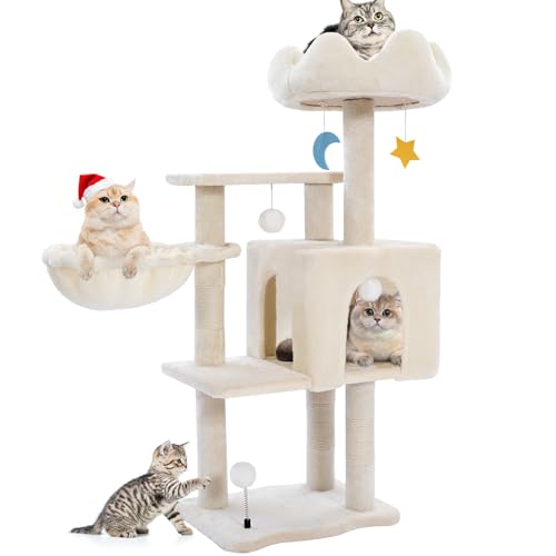 Cat Tree Tower with Hammock,40"Cat Trees for Indoor Cats Large Adult(White) | Modern Cat Tree Tower with Scratching Post, Cats Condo Furniture with Cloud Top Perch, Cats Climbing Tower for Kittens - color: White