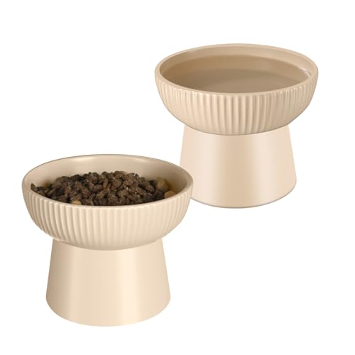 Ceramic Elevated Cat Bowls-Water Bowl, 15° Tilted Design, Anti-Vomiting & Spine Protection, Prevent Whisker Fatigue for Kittens to Adult Cats and Small Dogs (Almond-Elevated Cat Bowls-2) - color: Almond-Elevated Cat Bowls-2