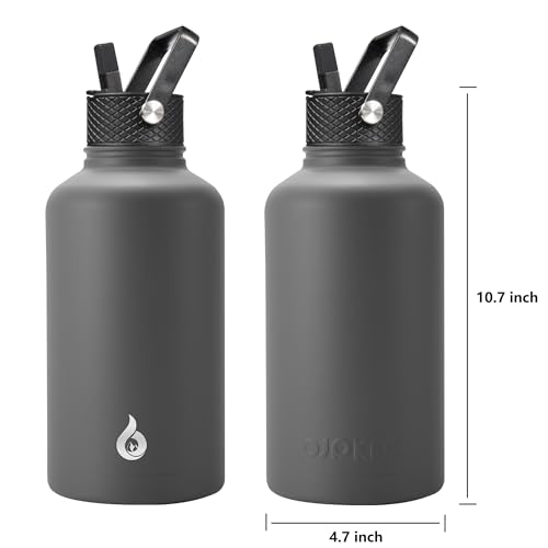 BJPKPK 64oz Insulated Water Bottle, Half Gallon Water Jug with Straw Lid | Large Stainless Steel Vacuum Jug, Keep Cold & Hot, BPA-Free Leak-Proof with 3 Lids, Paracord Handle, for Sports Hiking Travel - color: Gray, size: 64 Ounces