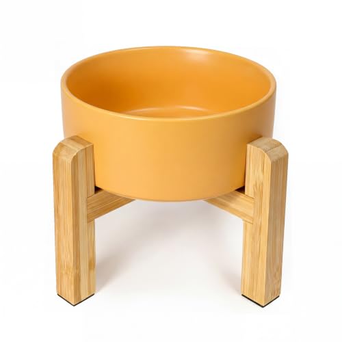 Ceramic Elevated Dog Bowl with Bamboo Stand, for Small & Medium Dog, Yellow - color: Yellow, size: Medium