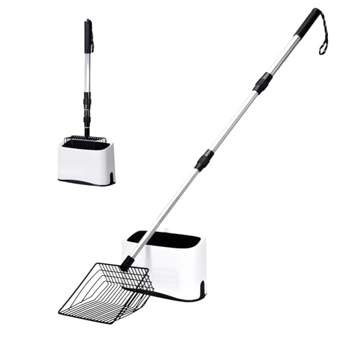 Metal Cat Litter Scoop with Holder, 43" Extendable Long Handle Cat Scooper for Litter Box, Solid & Durable, Deep Shovel for Fast Sifting, Large Pet Pooper Scooper for Kitty/Outside Dog Poop - size: Long Handle