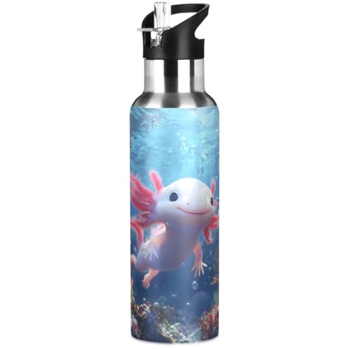 Adorable Ocean Animal Axolotl Water Bottle Kids Insulated Sports Vacuum Stainless Steel Mug with Straw Lid & Handle 20 oz - color: D07