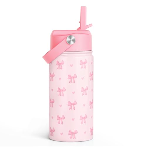 Bow Kids Water Bottle With Straw Lid 12oz Insulated Stainless Steel, Travel Tumbler, Pink Bow Gifts For Girls, Birthday, Christmas, Back To School - color: Bow 1