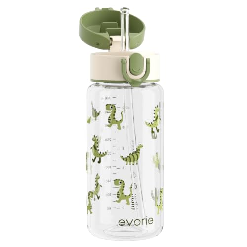 Evorie Tritan Kids Water Bottle with Straw, Leak Proof Drink Bottle,13oz | Ages 3+, BPA-Free, Dishwasher safe, Easy to clean, Lightweight and easy to carry for school and travel, Green Dino - color: Green Dino
