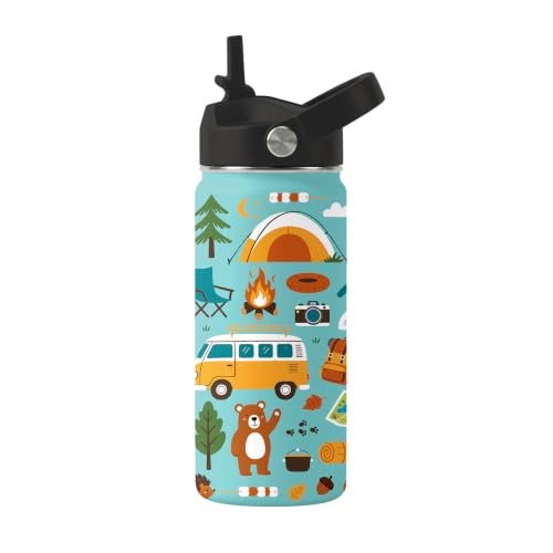 Camping 16 oz Water Bottle with Straw – Kids Stainless Steel Vacuum Insulated Cup, Leakproof Straw Lid, Reusable Travel Mug for Outdoor Sports - color: Camping1