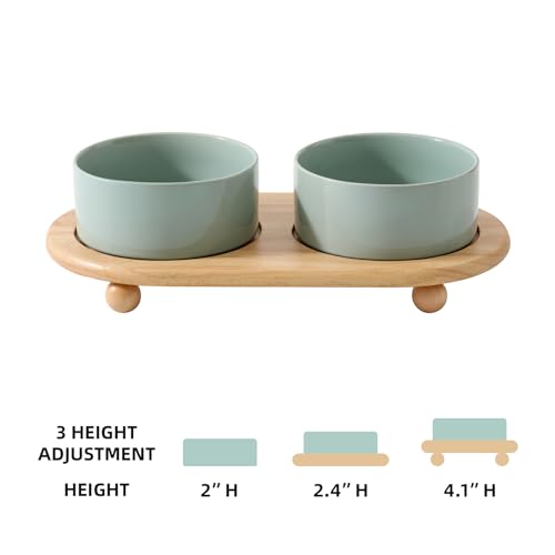 Havniva Raised Cat Bowl, 6.1” Elevated Ceramic Cat Food and Water Bowl Set | Cat Bowls Elevated, Whisker Friendly Cat Bowl, Non-Slip Wood Stand, Food-Grade Ceramic, Wide Opening, Dishwasher Safe - color: 2 x Bowl + Stand - Light Green, size: 6.1inch