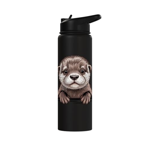 Cute Otter Pup Funny Peeking Pocket Animals Stainless Steel Insulated Water Bottle - color: Black