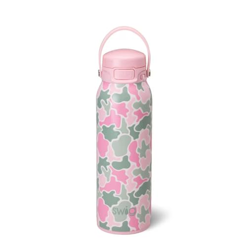 Swig Life 32oz EZ Fill Water Bottle with Straw Lid, Blushing Camo | Leakproof Lid - Double Wall Insulated Stainless Steel - Lid, Straw & Lock - Cup Holder Friendly - Dishwasher Safe - color: Blushing Camo, size: 32 Ounces