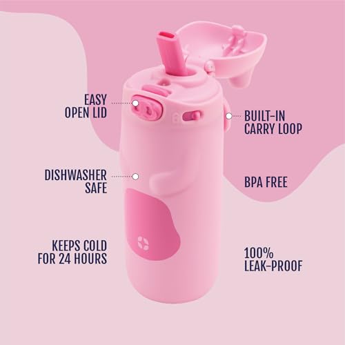 Ello Ellies 12oz Stainless Steel Leakproof Kids Water Bottle, Pig | Insulated kids water bottle with straw, leakproof locking lid, carry handle, and stainless steel fun animal design for school - color: Pig, size: 12 Ounces
