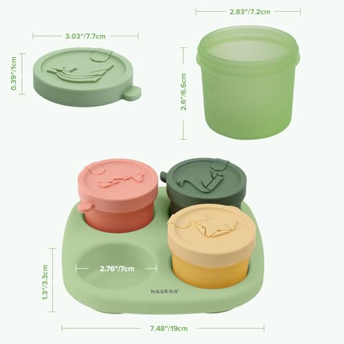 Haakaa Silicone Baby Food Containers, 4oz/120ml Baby Food Jars with Leakproof Animal Lids and Tray, Freezer-Safe Storage for Homemade Purees, Snacks & Meal Prep, 4 Pack, Spring Green Tray - color: Spring Green Tray