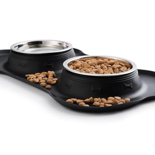Hubulk Pet Dog Bowls 2 Stainless Steel Dog Bowl with No Spill Non-Skid Silicone Mat + Pet Food Scoop Water and Food Feeder Bowls for Feeding Small Medium Large Dogs Cats Puppies (S, Black) - color: Black, size: Small