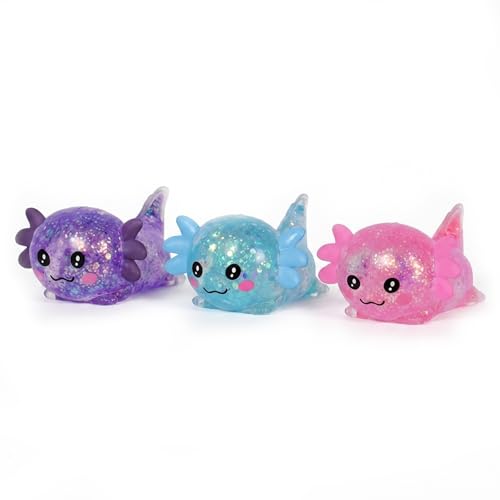 3.94 in 3 Pack Glitter Crawling Axolotl Squishy Slow Rising | Soft TPR, Floating Glitter, squeeze toy, busy hands, stress relief, focus support, home, class, travel, kids and adults - color: 3pcs