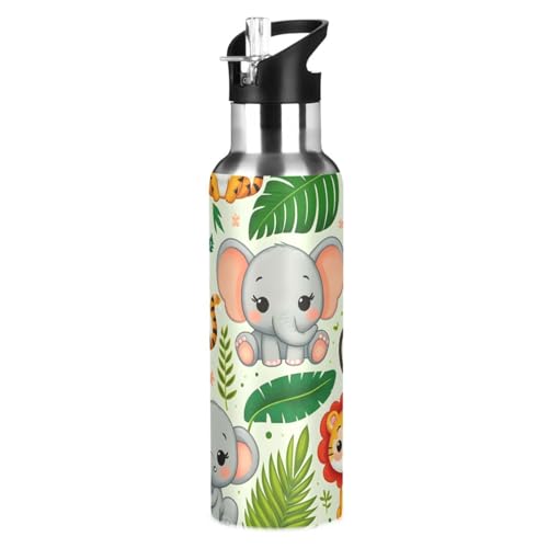 Elephant Palm Leaf Water Bottle Kids Stainless Steel Bottle with Straw Lid | Leak Proof Boys Girls Insulated Tumbler Cup for School 20 oz - color: Multi1