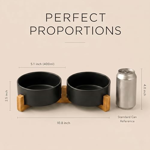 SPUNKYJUNKY Ceramic Dog and Cat Bowl Set with Wooden Stand, Modern Cute Weighted Food Water Set for Small Size Dogs (13.5OZ) & Medium Sized Dogs (28.7OZ) & Cats (1.7 Cups, 2 × Black) - color: Black × 2, size: 1.7 cups