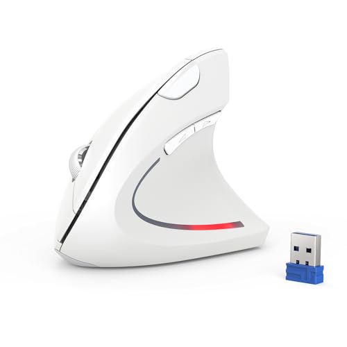 TECKNET Ergonomic Mouse Vertical Wireless with 2.4GHz USB A Receiver | 4800 DPI Optical Tracking, 12 Months Battery Operated, Carpal Tunnel Mice, 6 Buttons, Quiet, for Laptop, PC - White - color: White