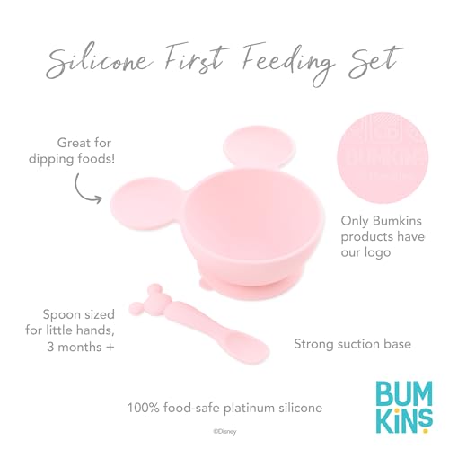 Bumkins Disney Baby Bowl, Silicone Feeding Set with Suction for Baby and Toddler, Includes Spoon and Lid, Essentials for Baby Led Weaning,for Babies 4 Months, Minnie Mouse Light Pink - color: C6 Minnie Mouse LPnk, style: Disney