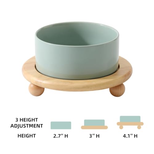 Havniva Raised Cat Bowl 6.1” Elevated Ceramic Cat Food and Water Bowl | Cat Bowls Elevated, Whisker Friendly Cat Bowl, Non-Slip Wood Stand, Food-Grade Ceramic, Wide Opening, Dishwasher Safe - color: Light Green, size: 6.1inch - Bowl+Stand