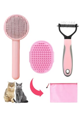 Cat Brush for Shedding 5pcs - Long Haired Cats Brush, Indoor Cats Brush, Small Dogs Brush, Matted Fur Hair Brush with Flea Comb Set, Pink - color: Pink Short