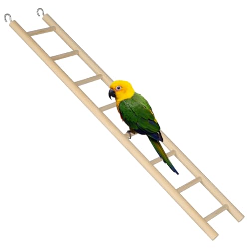 14.7 Inch Bird Ladder for Parakeets and Cockatiels, 8-Step Natural Wood Parrot Climbing Toy with Stainless Steel Hooks - Safe Chewing Cage Accessory